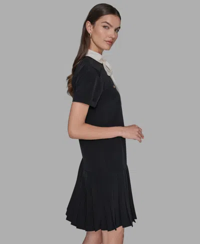 Karl Lagerfeld Bow Neck Pleated Skirt Dress In Black