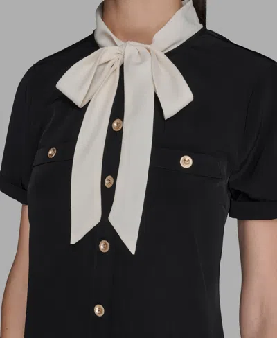 Karl Lagerfeld Bow Neck Pleated Skirt Dress In Black