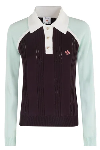 Casablanca Ribbed Long Sleeve Polo Sweater With Contrasting Sleeves In Brown