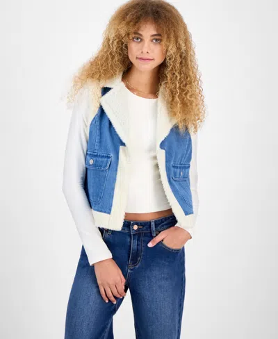 Self Esteem Juniors' Open-front Denim Sherpa Vest In Blue