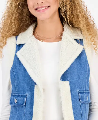 Self Esteem Juniors' Open-front Denim Sherpa Vest In Blue