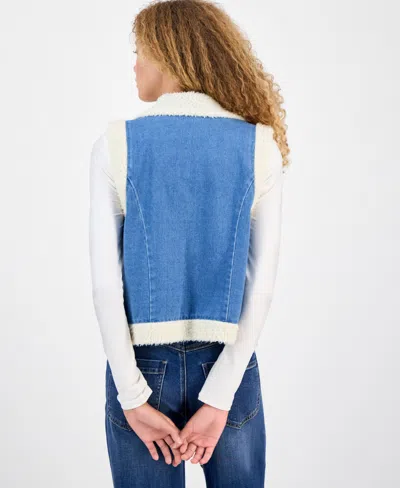Self Esteem Juniors' Open-front Denim Sherpa Vest In Blue