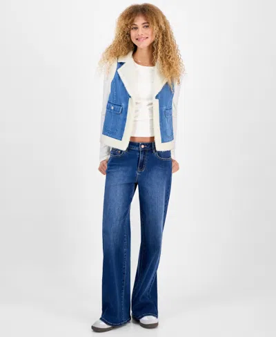 Self Esteem Juniors' Open-front Denim Sherpa Vest In Blue