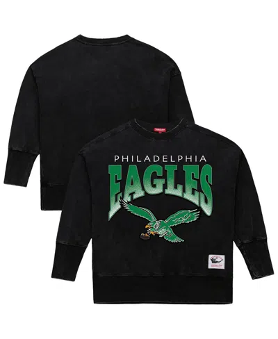 Mitchell & Ness Women's Black Philadelphia Eagles Delineate Mineral Wash Crewneck Sweatshirt In Black