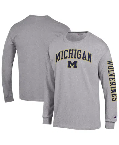 Champion Men's Heather Gray Michigan Wolverines Arch Over Logo 2-hit Long Sleeve T-shirt In Gray