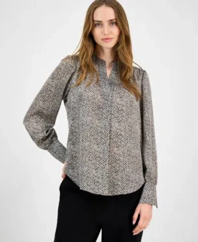 Anne Klein Womens Printed V Neck Long Sleeve Blouse P Xxs 3x In Multi