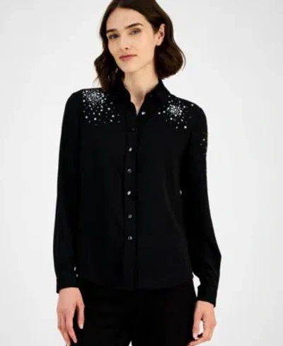 Anne Klein Womens Rhinestone Embellished Shirt P Xxs Xxl In Black