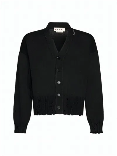 Marni Cropped Boxy Cardigan With Deep V-neckline And Ribbed Details In Black