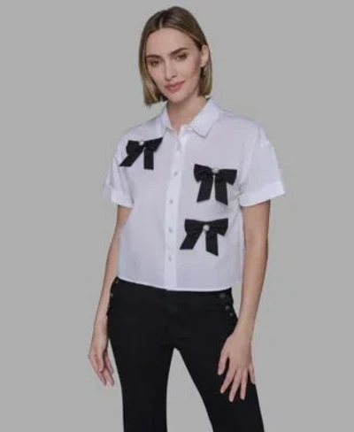 Karl Lagerfeld Petite Bow Short Sleeves Top In White