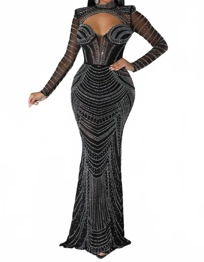 Aria Romance Diamond Mesh Party Maxi Dress In Black In Black