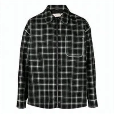 Marni Black And White Plaid Bomber Jacket With Structured Collar In Multi