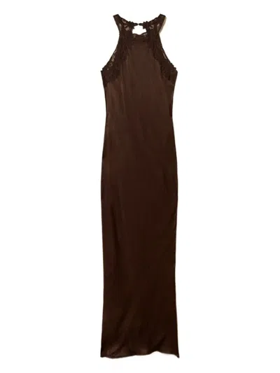 Twinset Long Brown Dress With Lace Halter Neckline  In Brown