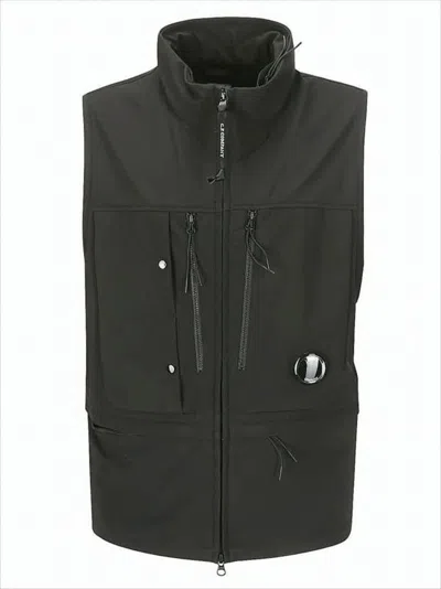 C.p. Company High Collar Sleeveless Vest With Innovative Lens Detail In Gray