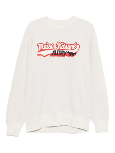 Autry Light Grey Cotton Sweatshirt With Embroidered Logo In White