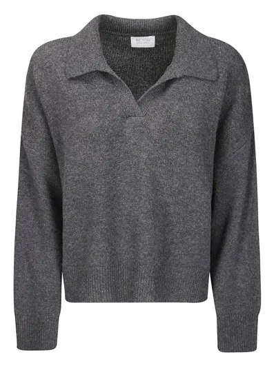 Beyou Cashmere Polo Sweater With V-neckline And Comfortable Fit In Gray