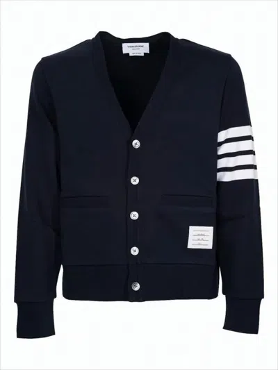 Thom Browne Cropped Blue Cardigan With Deep V-neck And Signature Stripes In Multi