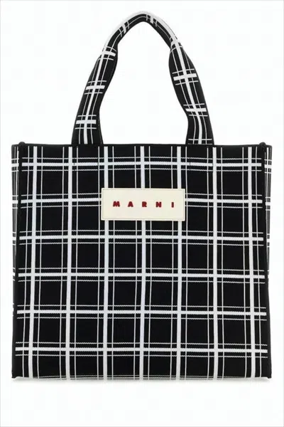 Marni Rectangular Checkered Shoulder Bag With Prominent Patch In Black