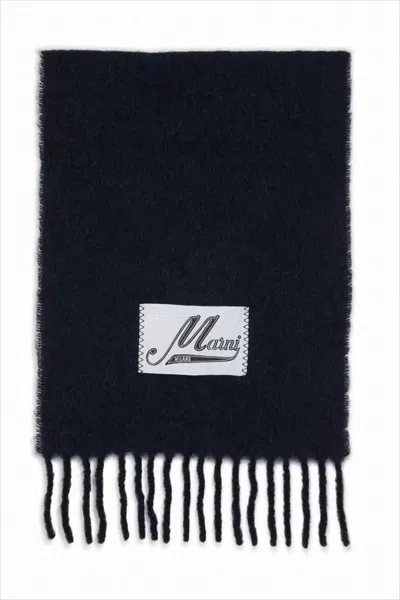 Marni Textured Black Alpaca Scarf With Fringed Ends In Black