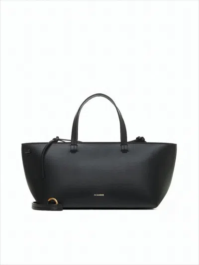 Jil Sander Structured Calf Leather Tote Bag With Zippered Compartment In Black