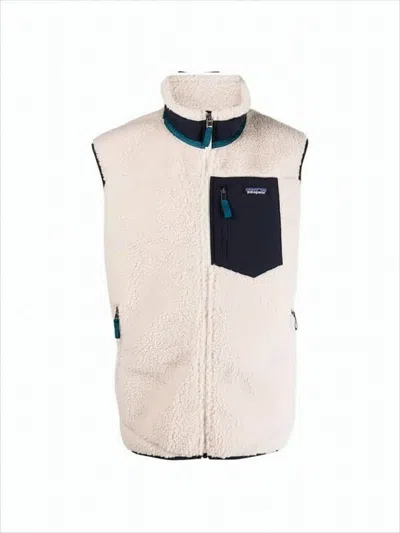 Patagonia Textured High Collar Vest With Zippered Pockets In White