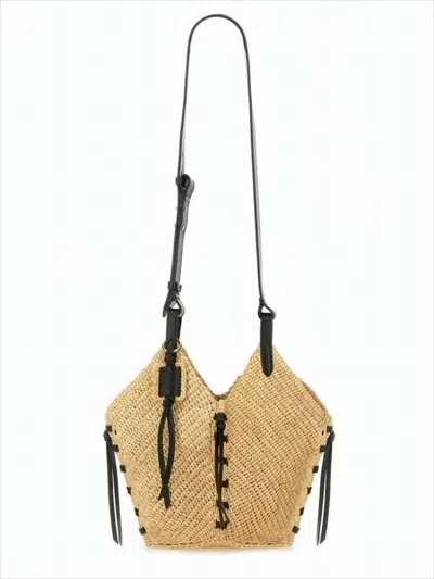 Isabel Marant Woven Raffia Shoulder Bag With Black Leather Accents In Brown