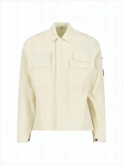 C.p. Company Cropped Cotton Jacket With Classic Collar And Signature Logo Patch In White