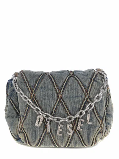 Diesel Logo Charm Denim Shoulder Bag In Blue