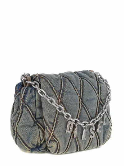 Diesel Logo Charm Denim Shoulder Bag In Blue