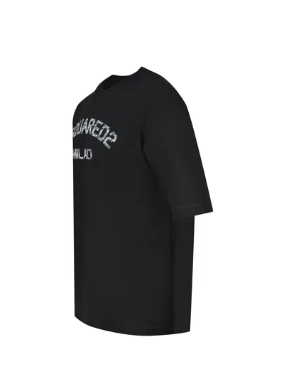 Dsquared2 Loose Fit Tee Logo Dsq2 Milano Sbiadito Effetto Texture Jersey Di Cotone T-shirt In Black