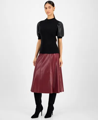 T Tahari Elbow Sleeve Mock Neck Ribbed Pullover Sweater With Faux Leather Sleeves In Black