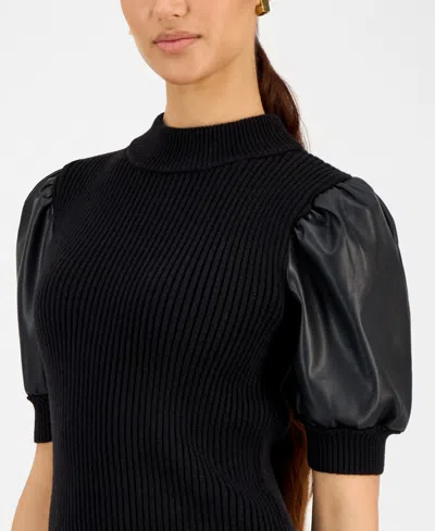 T Tahari Elbow Sleeve Mock Neck Ribbed Pullover Sweater With Faux Leather Sleeves In Black