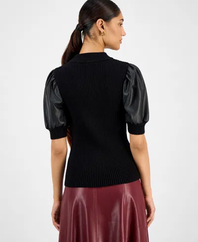 T Tahari Elbow Sleeve Mock Neck Ribbed Pullover Sweater With Faux Leather Sleeves In Black