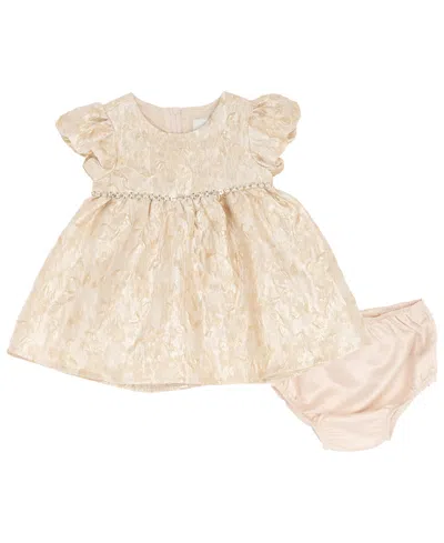 Rare Editions Baby Girls 2-piece Gold Brocade Puff Sleeve Dress And Diaper Cover Set In Multi