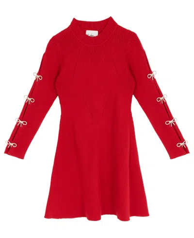 Rare Editions Girls 7-16 Bow Detail Long Sleeve Dress In Burgundy