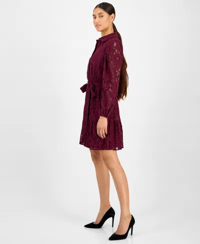 Anne Klein Petite Collared Shirt Dress In Burgundy
