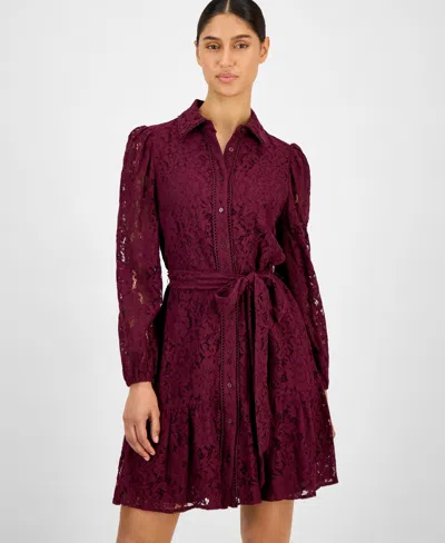 Anne Klein Petite Collared Shirt Dress In Burgundy