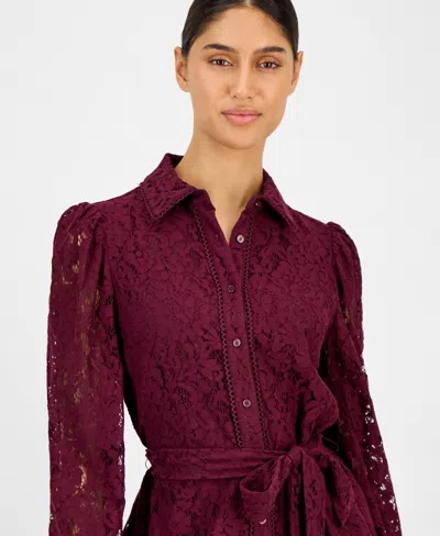 Anne Klein Petite Collared Shirt Dress In Burgundy
