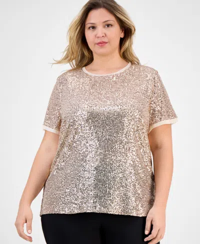 Anne Klein Plus Size Sequin Short-sleeve Crewneck Tee In Pink