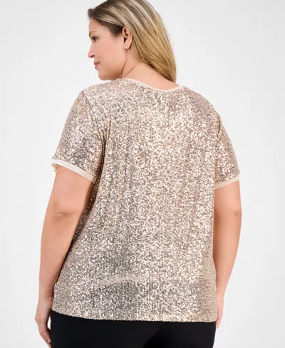 Anne Klein Plus Size Sequin Short-sleeve Crewneck Tee In Pink