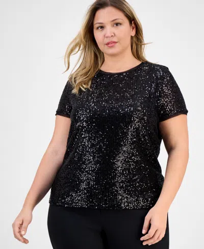 Anne Klein Plus Size Sequin Short-sleeve Crewneck Tee In Black