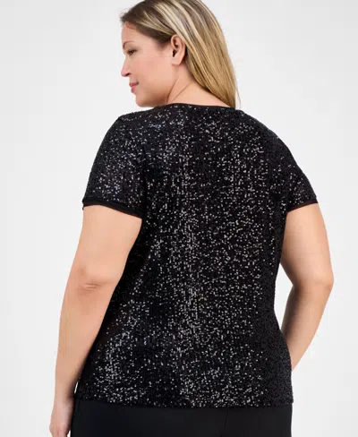 Anne Klein Plus Size Sequin Short-sleeve Crewneck Tee In Black