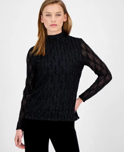 Anne Klein Women's Glitter Long-sleeve Mock-neck Top In Black