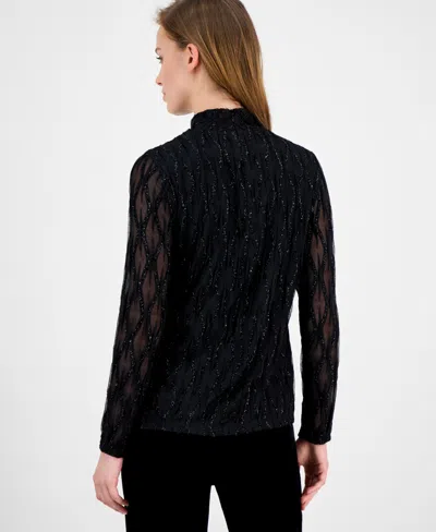 Anne Klein Women's Glitter Long-sleeve Mock-neck Top In Black