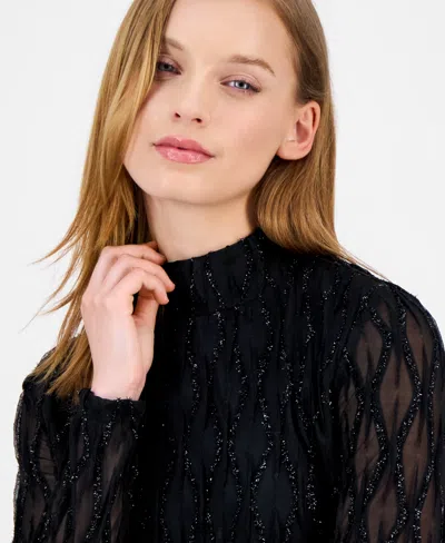 Anne Klein Women's Glitter Long-sleeve Mock-neck Top In Black