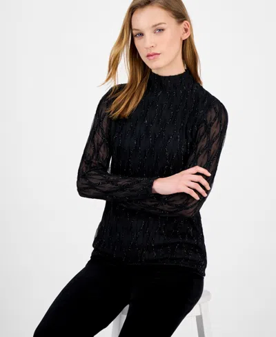 Anne Klein Women's Glitter Long-sleeve Mock-neck Top In Black