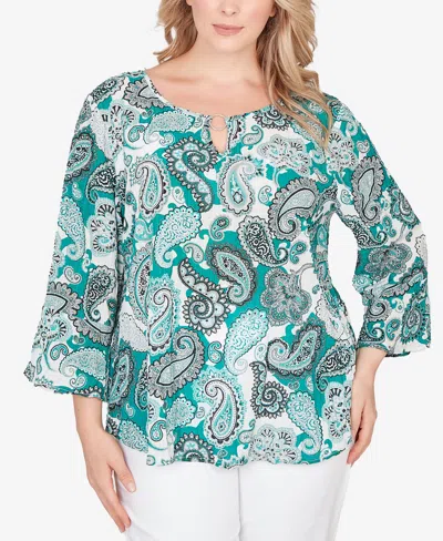 Hearts Of Palm Plus Size Printed Woven Crinkle 3/4 Sleeve Top In Green