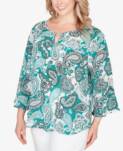 Hearts Of Palm Plus Size Printed Woven Crinkle 3/4 Sleeve Top In Green