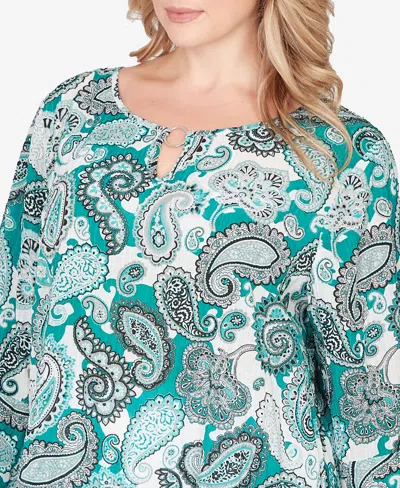 Hearts Of Palm Plus Size Printed Woven Crinkle 3/4 Sleeve Top In Green