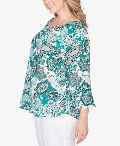 Hearts Of Palm Plus Size Printed Woven Crinkle 3/4 Sleeve Top In Green