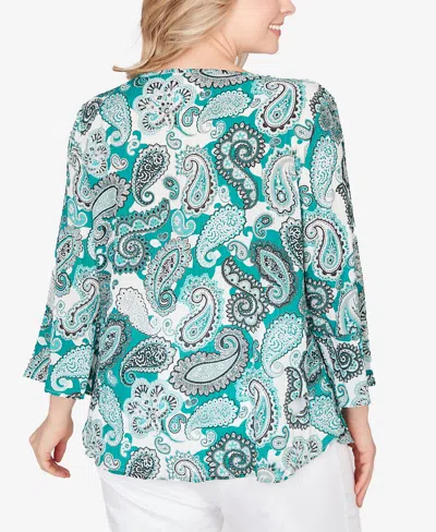 Hearts Of Palm Plus Size Printed Woven Crinkle 3/4 Sleeve Top In Green